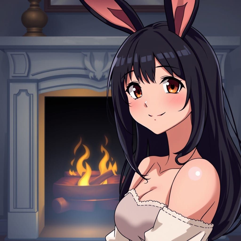 Manga Anime Goddess Sits by Cozy Fireplace