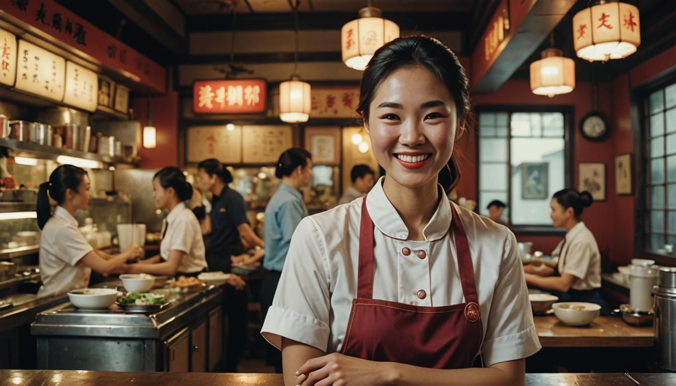 Smiling Chinese Waitress in Cinematic Film Still