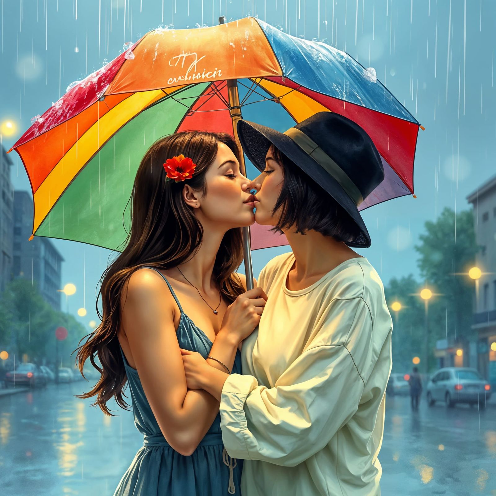 Romantic Kiss Under Rainbow Umbrella, Cartoon Style