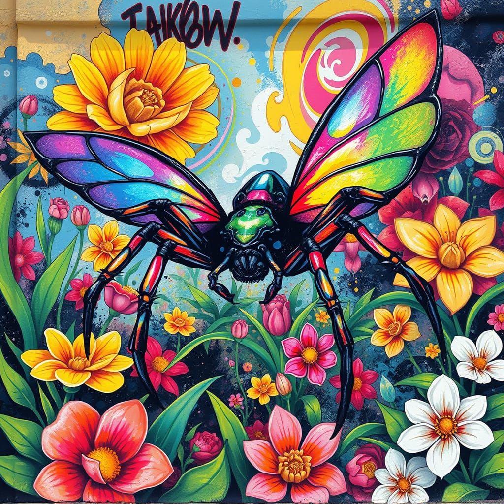 Rainbow Spider in Vibrant Street Art Dreamscape