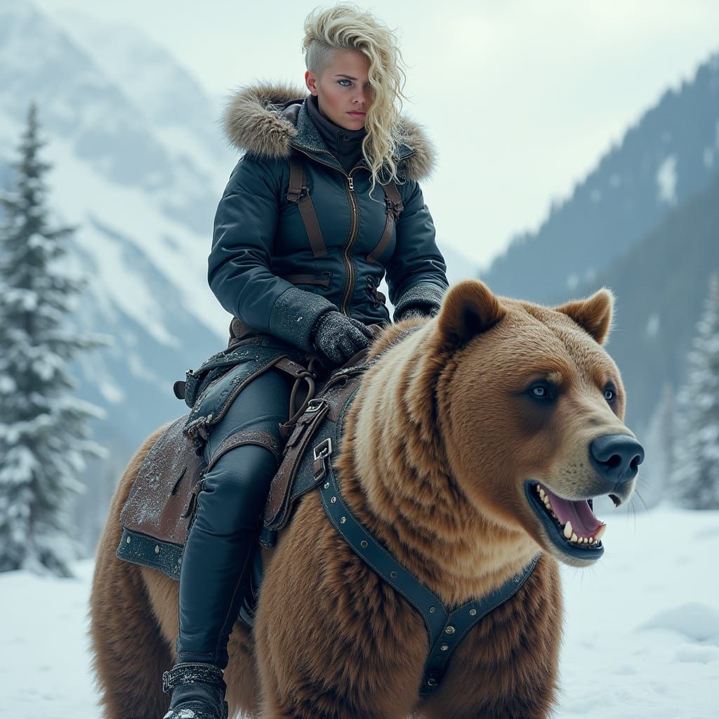 Nordic Woman Rides Bear in Hyperrealistic Winter Scene