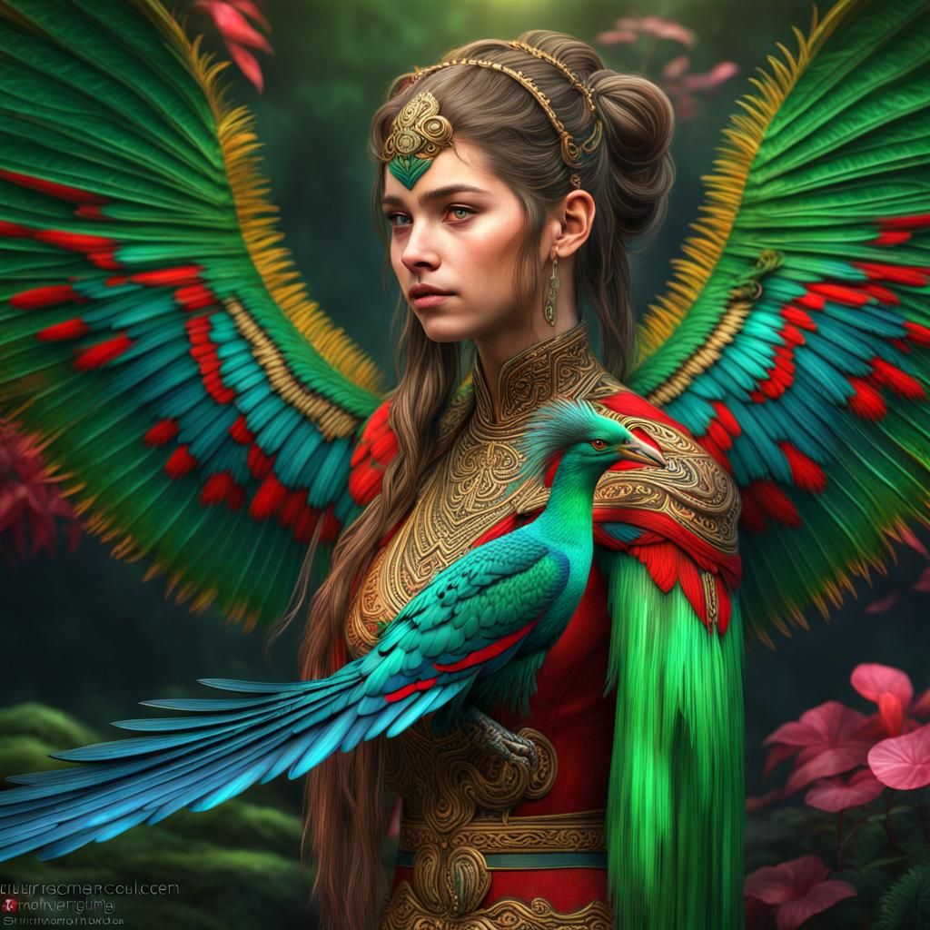 Girl with Quetzal Bird in Hyperdetailed Celtic Style