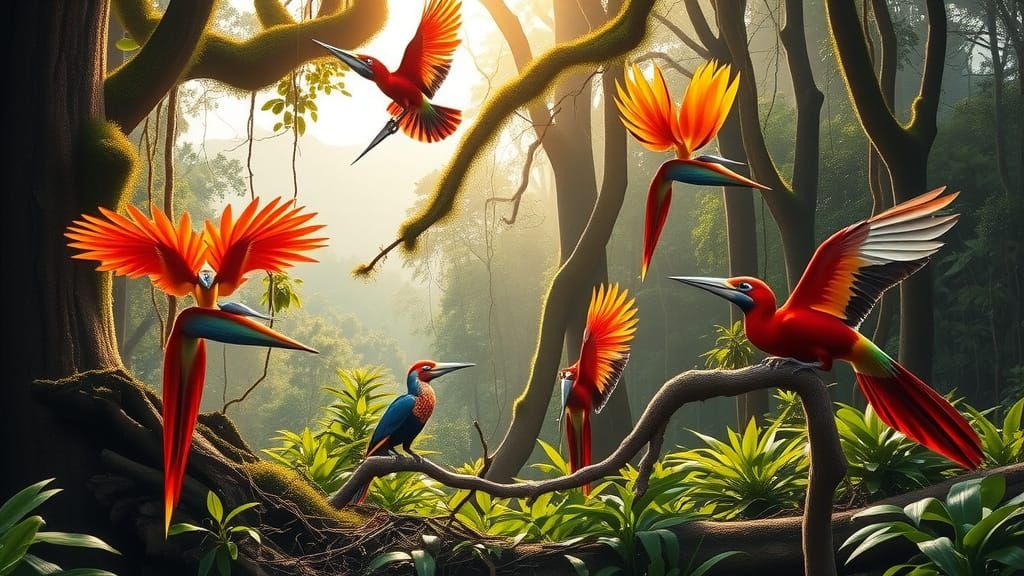 Rainforest Birds of Paradise in Vibrant Plumage