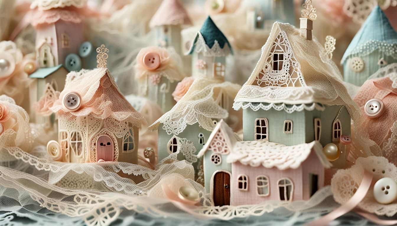Whimsical Village Collage Art in Dreamy Landscape