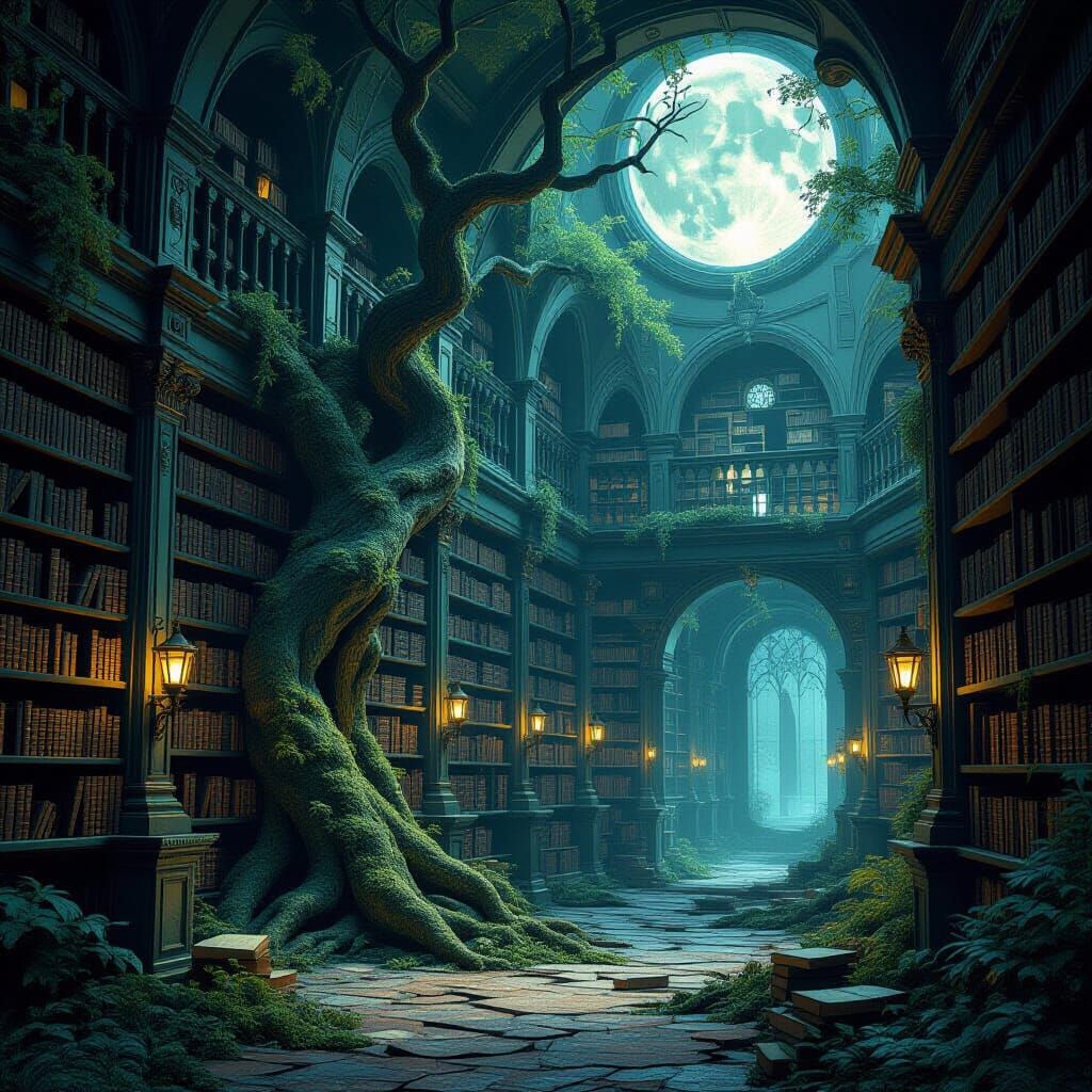 Ancient Library of Moonlight Books in Bioluminescent Fantasy...