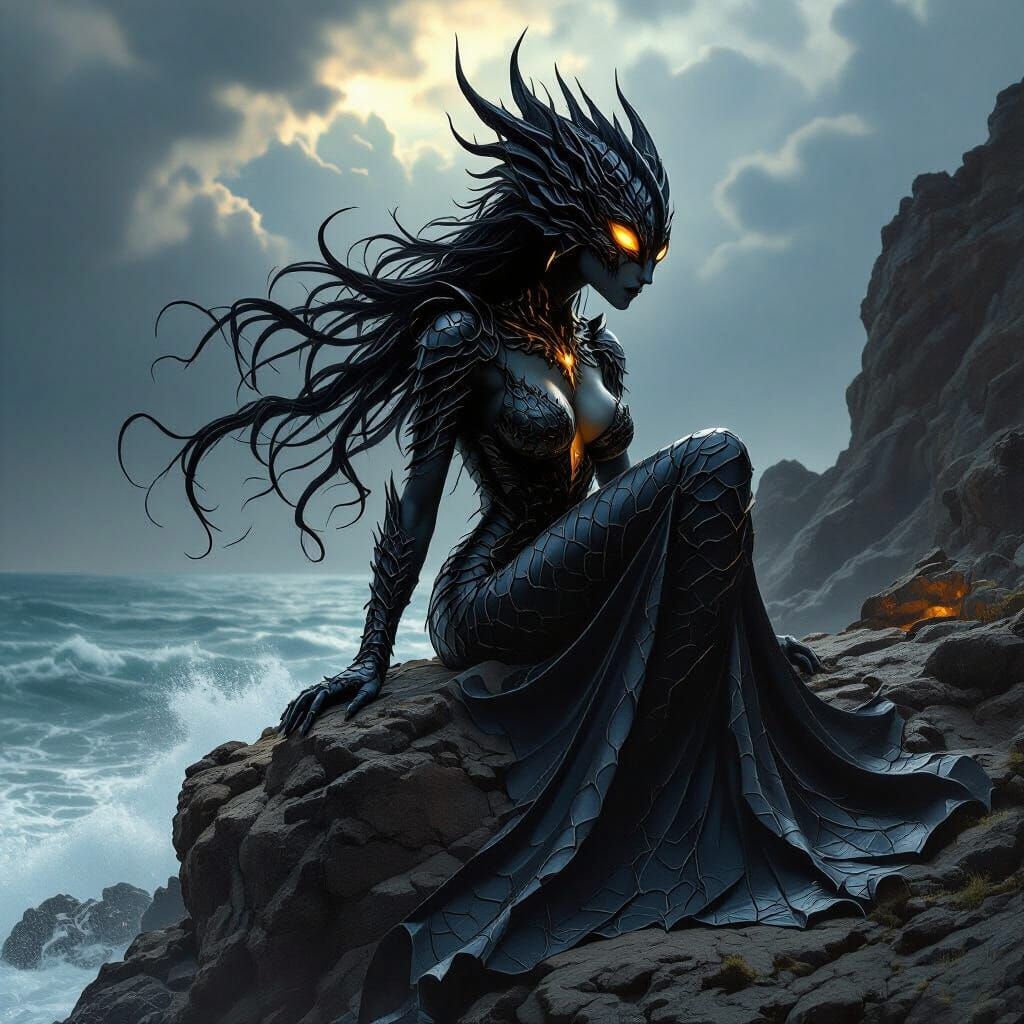 Alluring Obsidian Siren Beckons from Rocky Outcrop