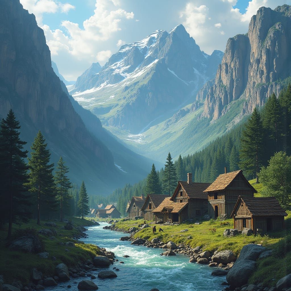 Fantasy Village at the Foot of a Mountain