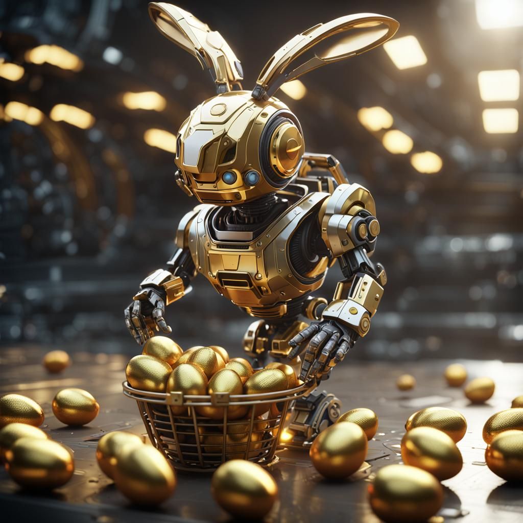 Futuristic Robot with Rabbit Ears and Golden Eggs