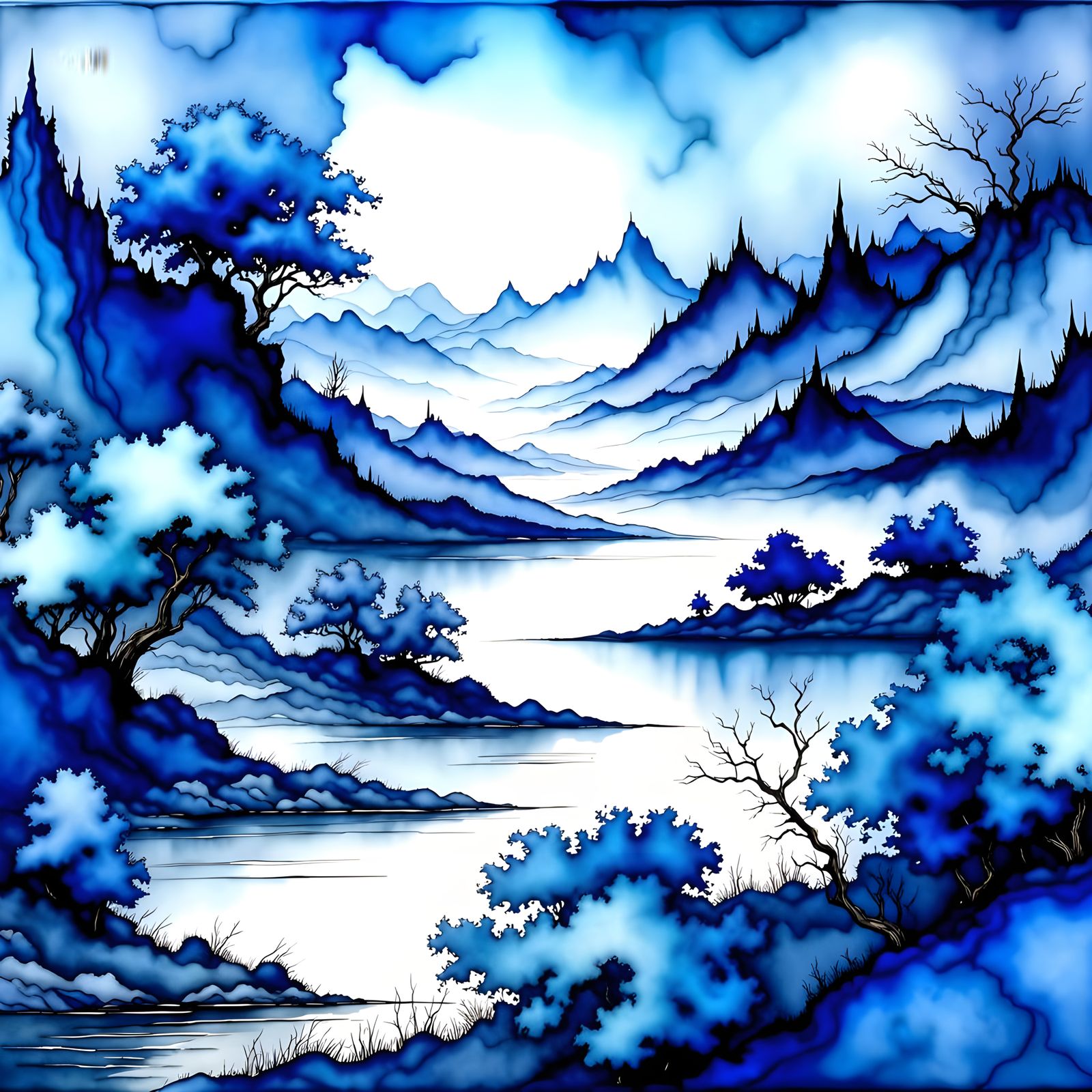 <lora:OneColor-Landscape-F:1.0> A beautiful landscape scene, palette shades of blue