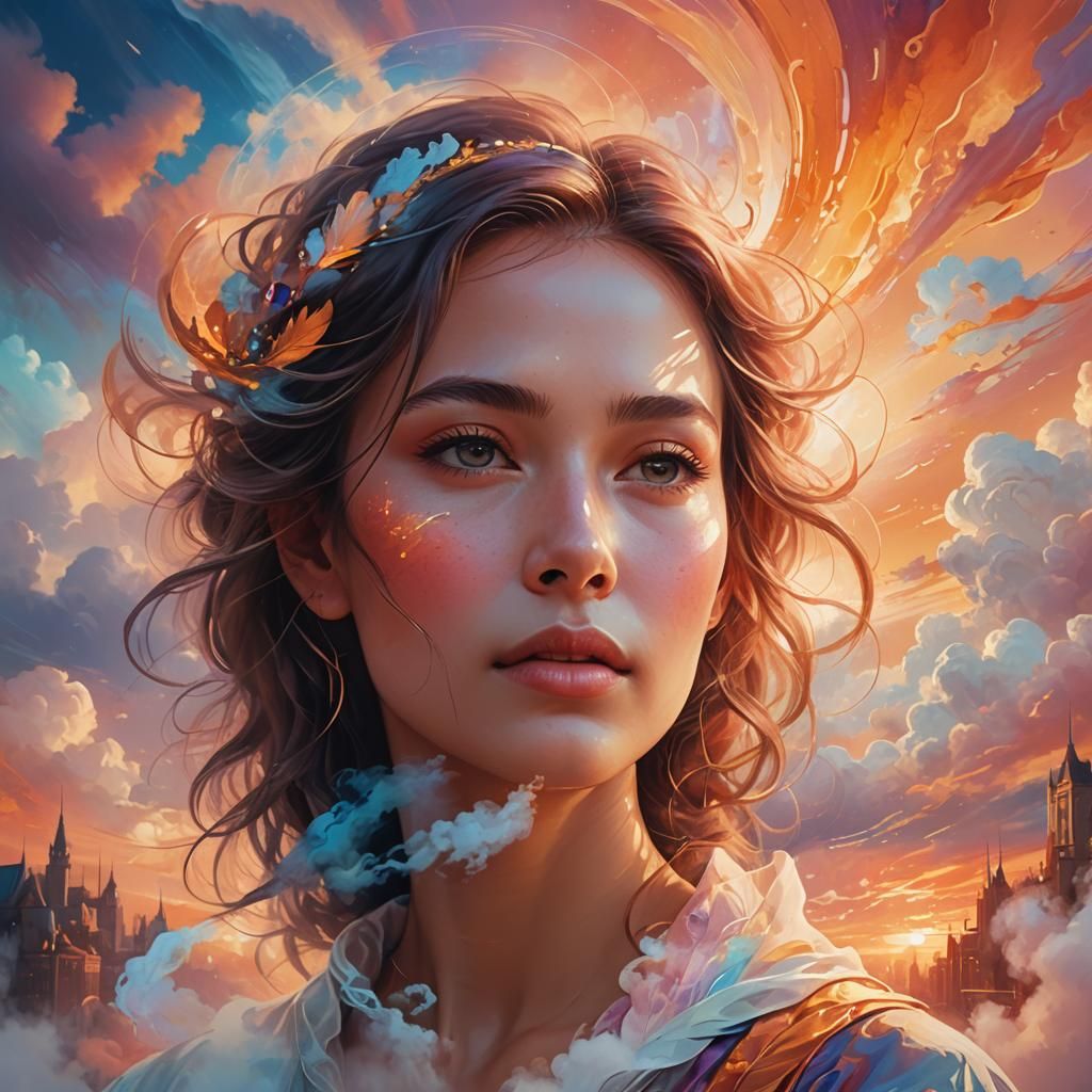 Ethereal Portrait: Dreamworld Cityscape in Sunset Hues