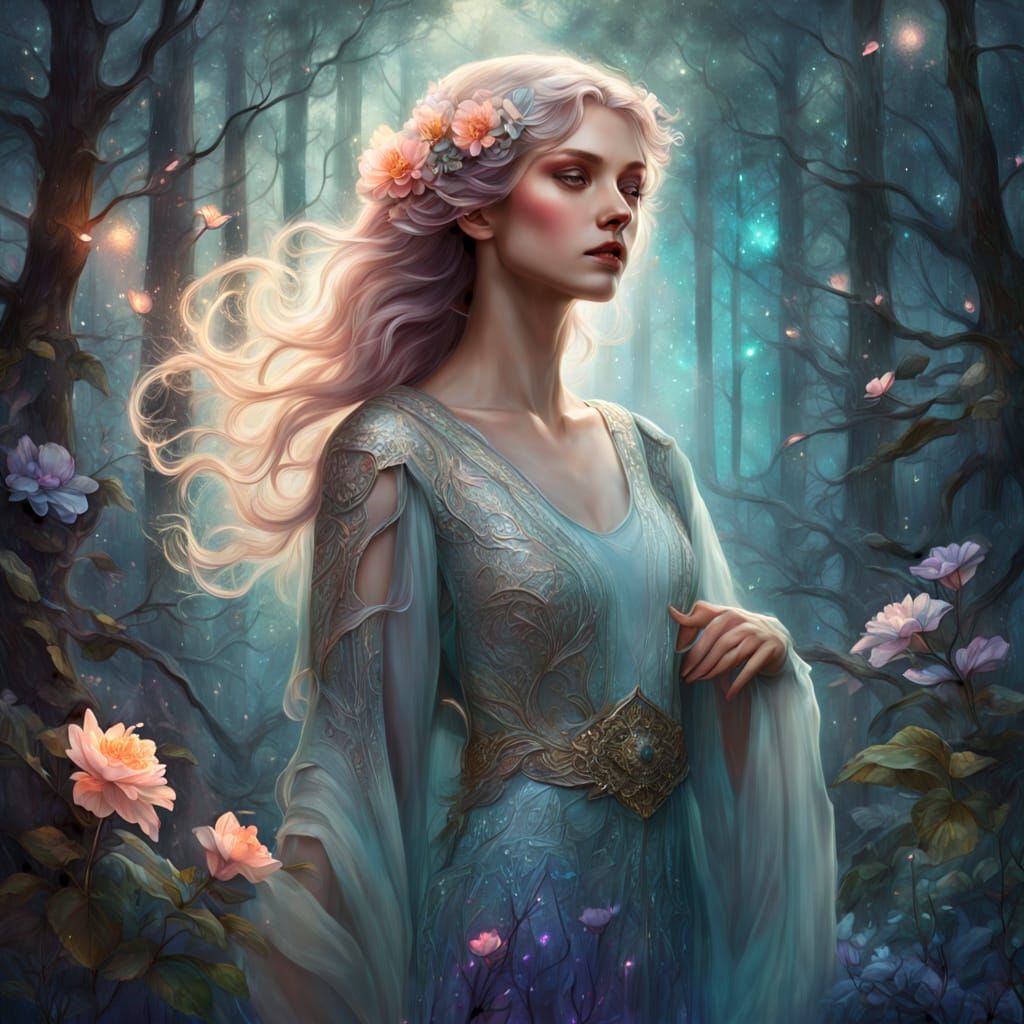 Ethereal Woman in Bioluminescent Forest, Fantasy Art