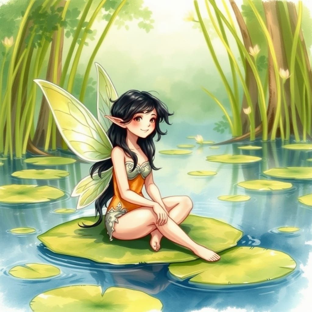 Sunlit Bayou Pixie in Watercolor Impressionism