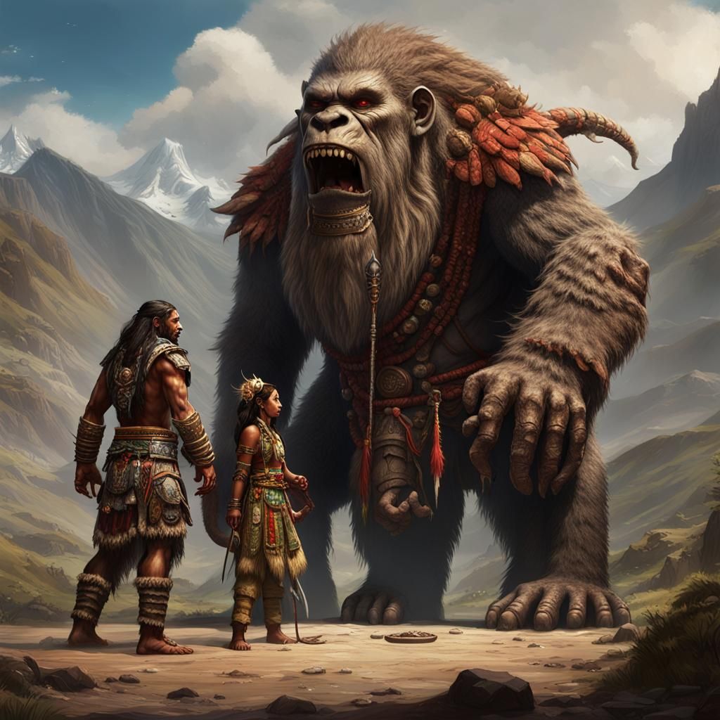Naga Warriors Confront Yeti in Tibet: Dark Fantasy Art