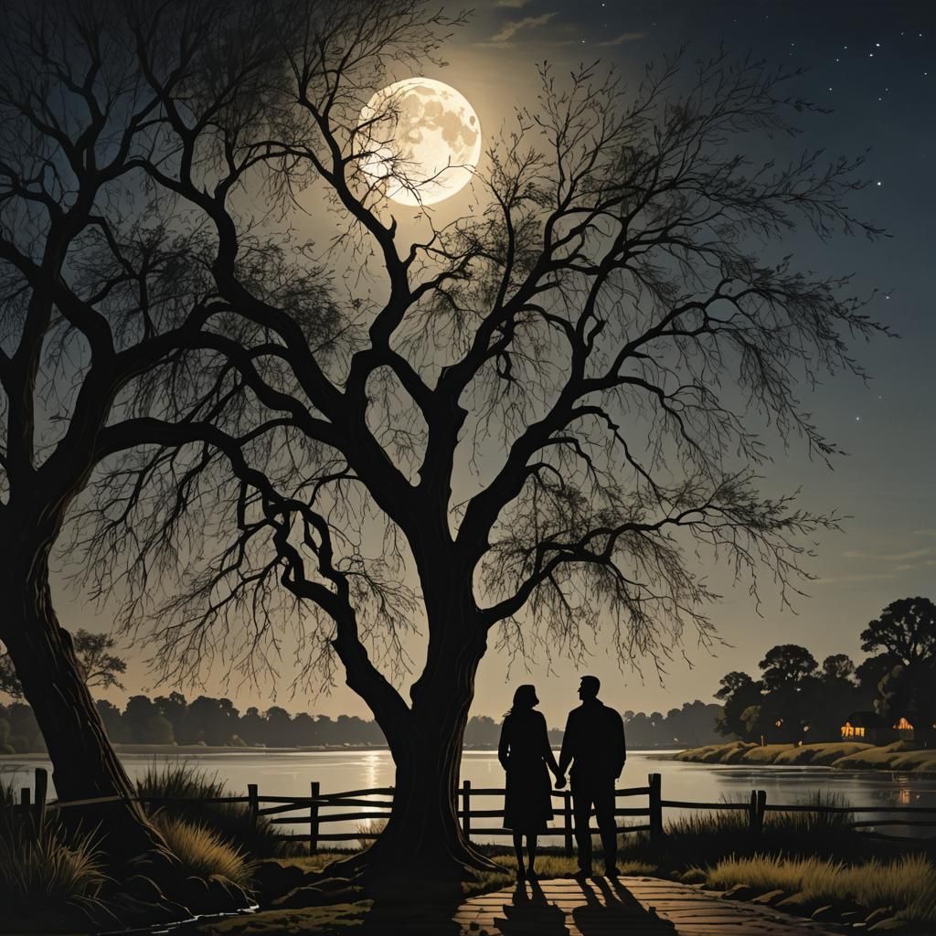 Couple Gazing at Moon Under Willow Tree