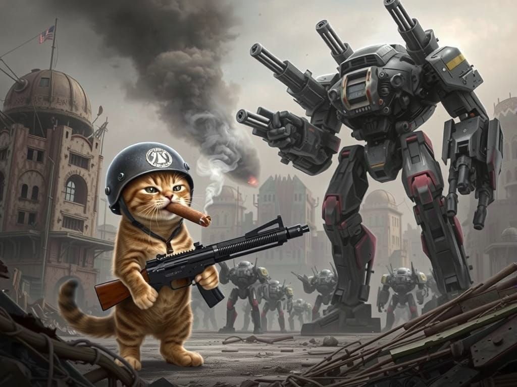 Angry Kitten Battles Robot Army with Machine Gun