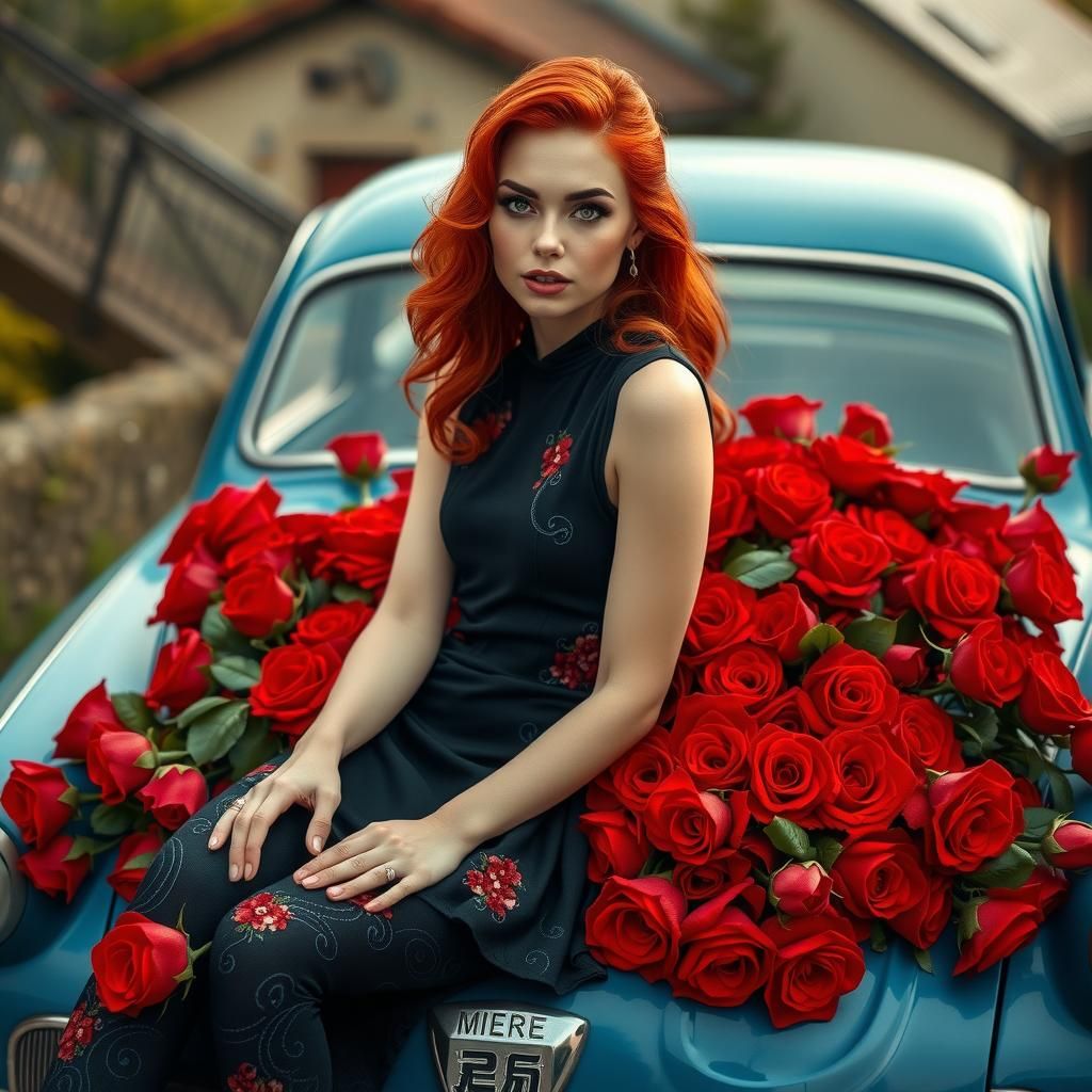Model with Red Hair and Roses on Vintage Car