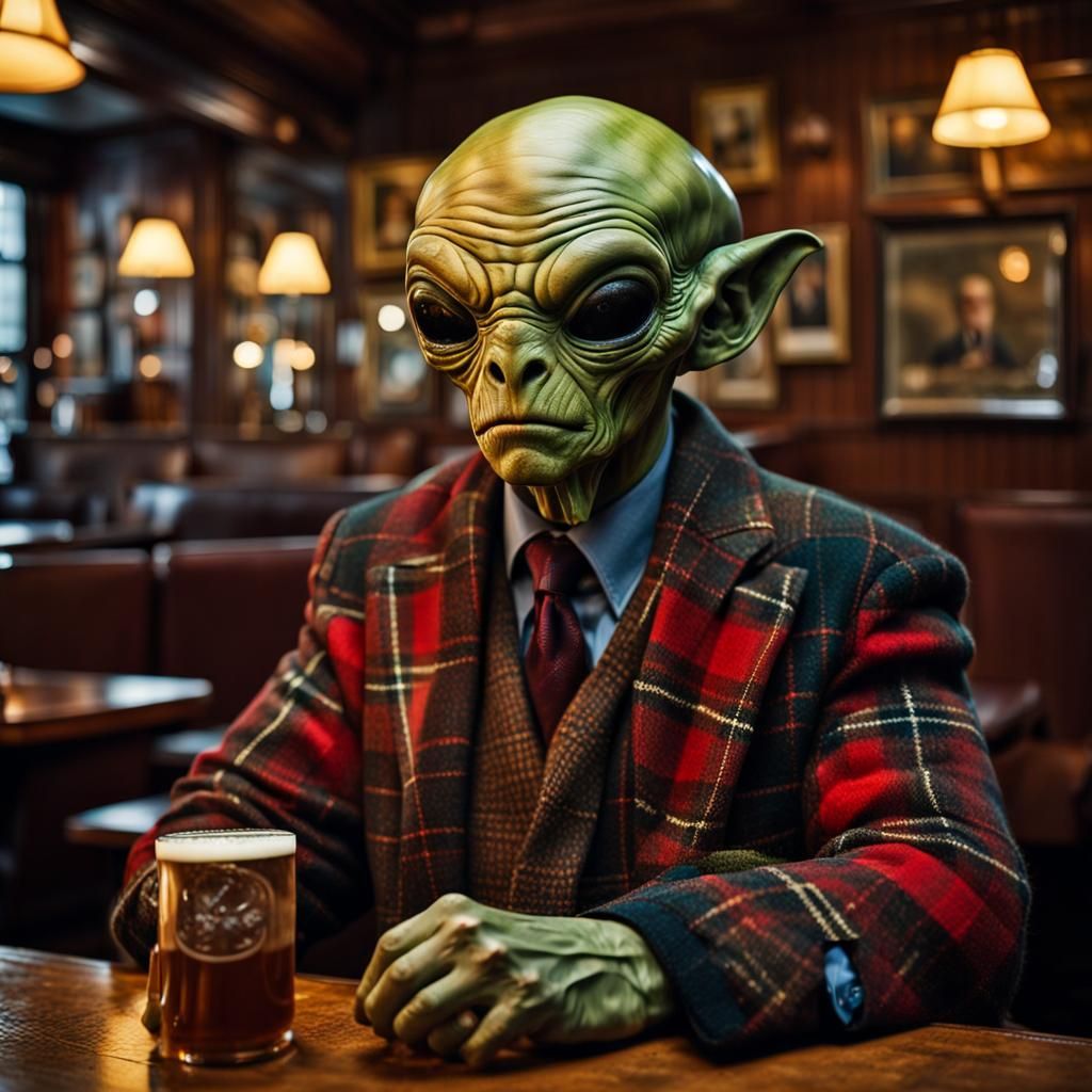 Plaid Alien Portrait in Cozy Scottish Pub