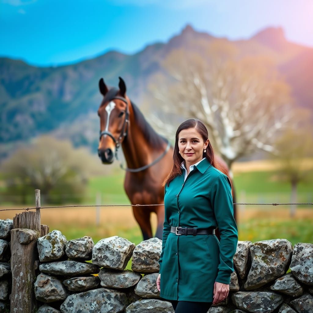 Woman and Horse in Field with Beech Trees