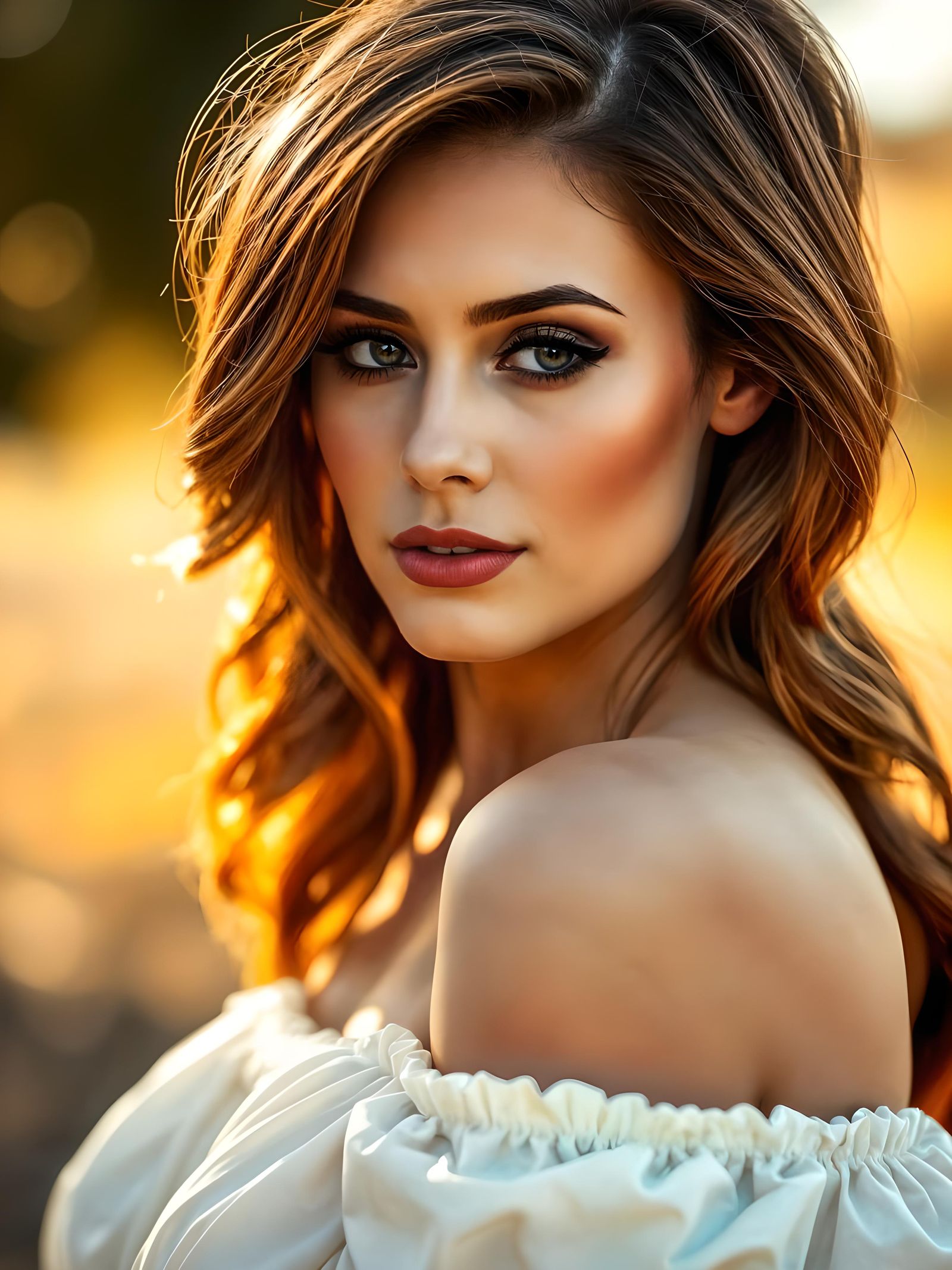 Photorealistic Portrait of Auburn-Haired Woman in Golden Lig...