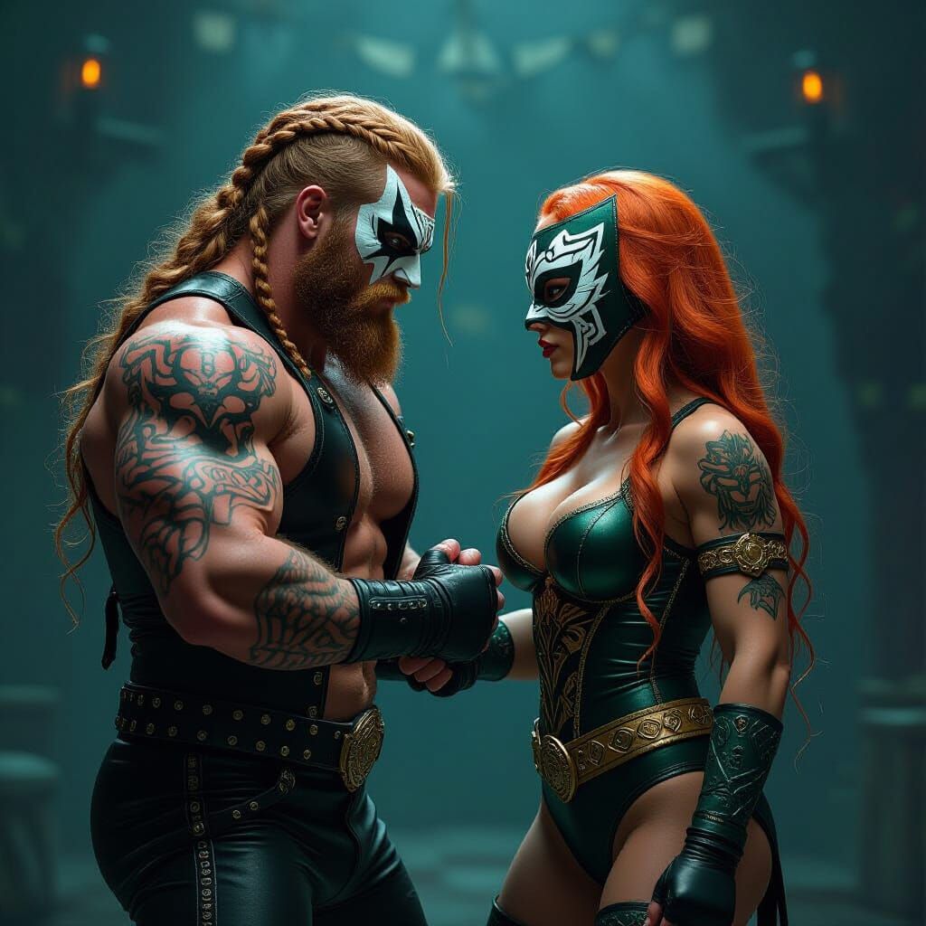 Epic Wrestling Match in Dark Fantasy Style
