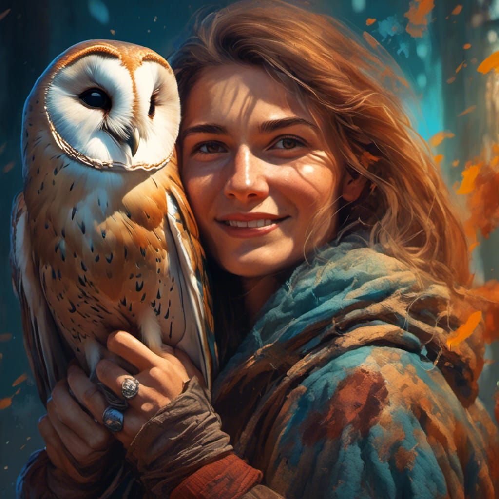 Woman with Barn Owl in Hyperrealistic Splash Art