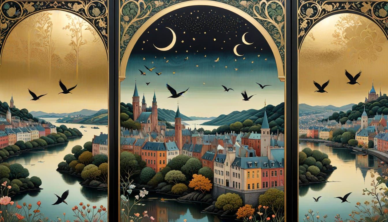 Vertical triptych, same size panels black framed, of a beautiful fantasy landscape of a city scape, blended with minimal...