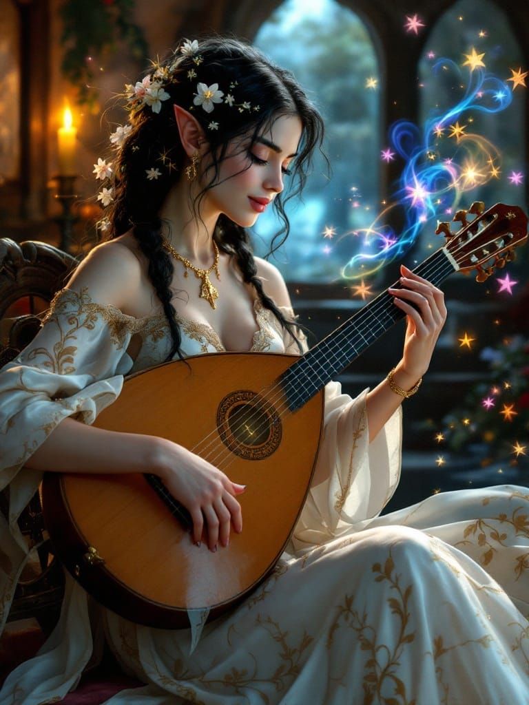 Ethereal Elf Woman Bard in Moonlit Tavern Bedroom