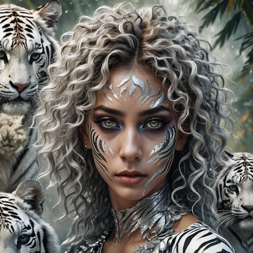 Silver-Haired Woman with Tiger Makeup in Fantasy Art