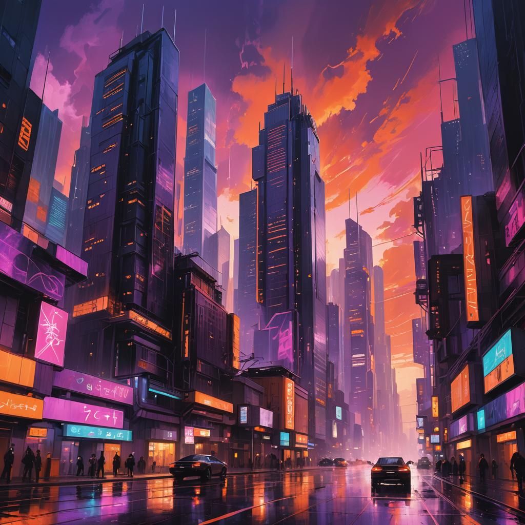 Cyberpunk Cityscape Under a Vibrant Sunset