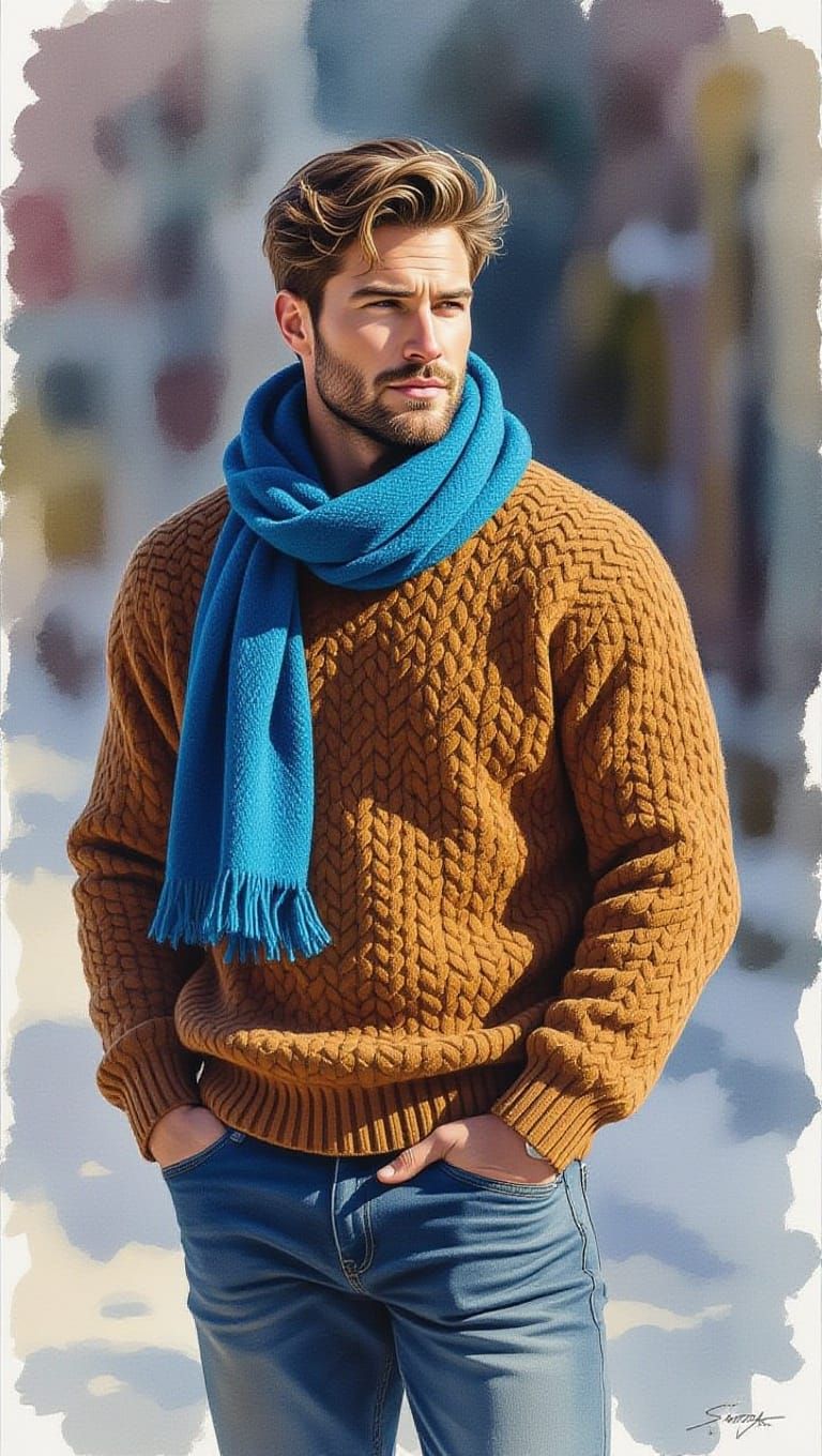 Man in Earth-Toned Knit Pullover, Blue Scarf, and Blue Jeans...