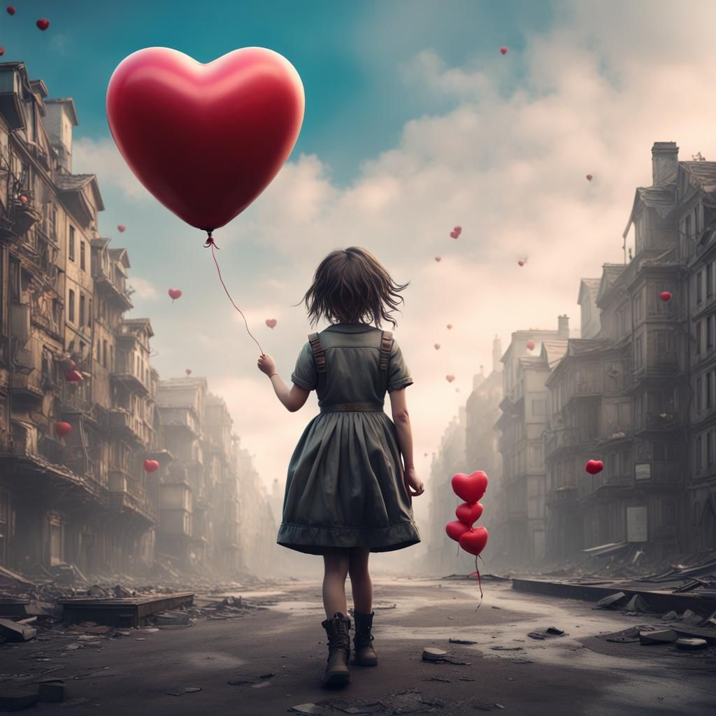 Surreal Girl with Heart Balloon in Banksy Style