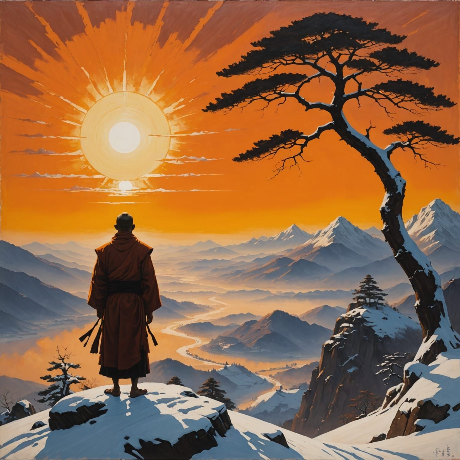 Monk Silhouette on Snowy Mountain at Golden Sunrise