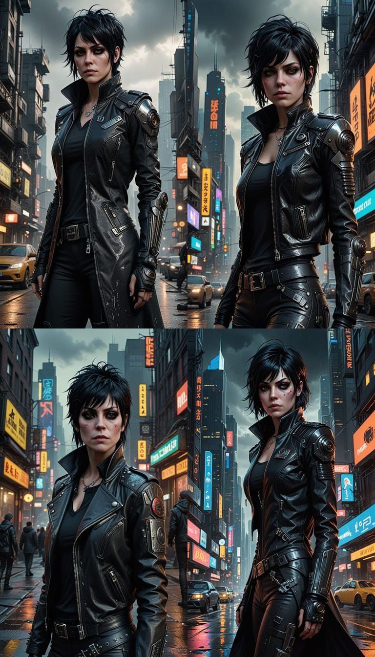 Joan Jett as a futuristic supervillain in a black coat
