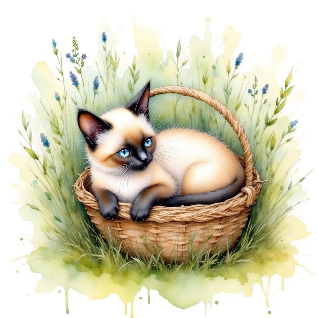 Watercolor Siamese Kitten in a Basket
