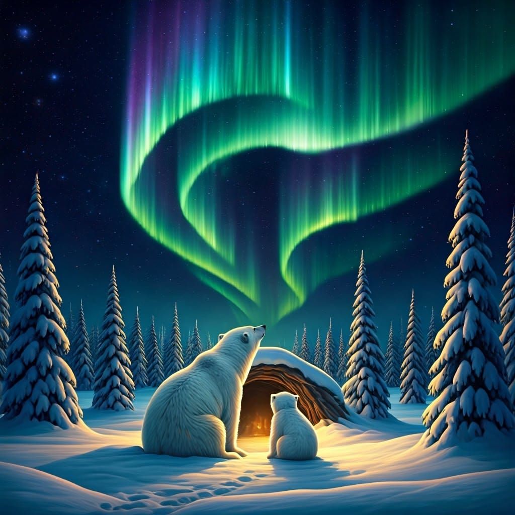 Polar Bear Cub Gazing at the Aurora Borealis in a Snowy Den