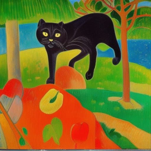 Black Cat in Gauguin Style Jungle Village Oil Painting