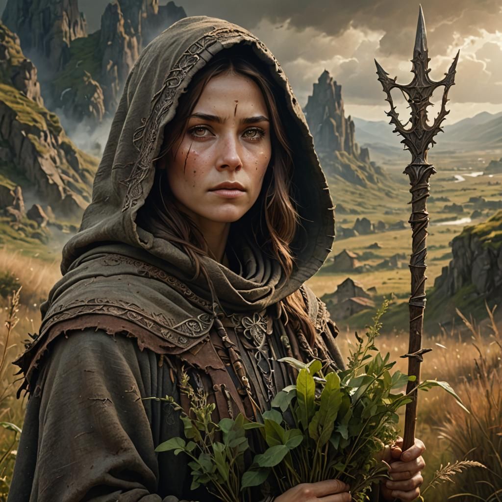 Mystical Herbalist in Esoteric Landscape