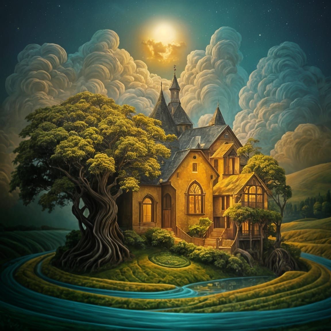 Surreal Tuscan Countryside Impasto Oil Painting