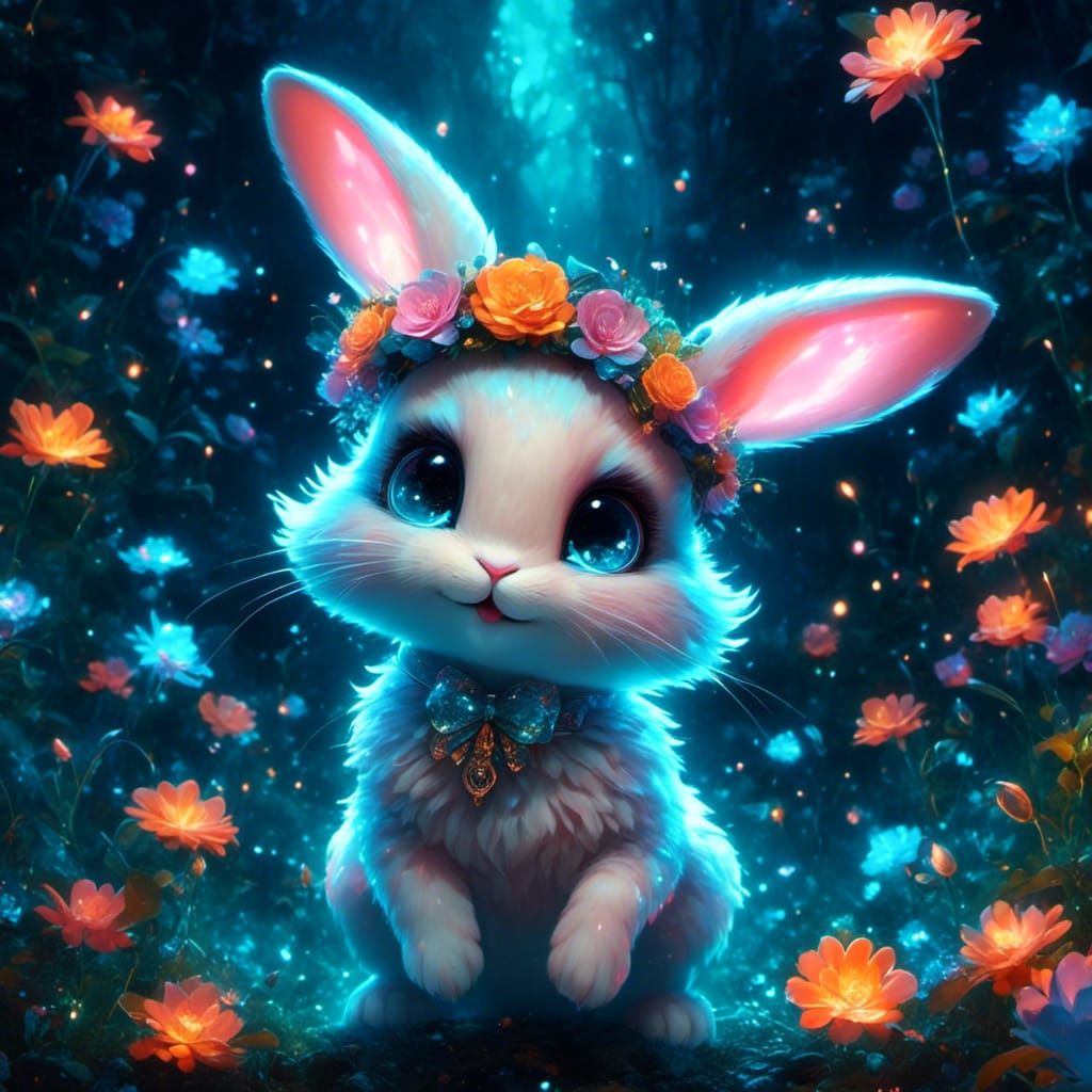 Bioluminescent Bunny with Glowing Flowers, Digital Art