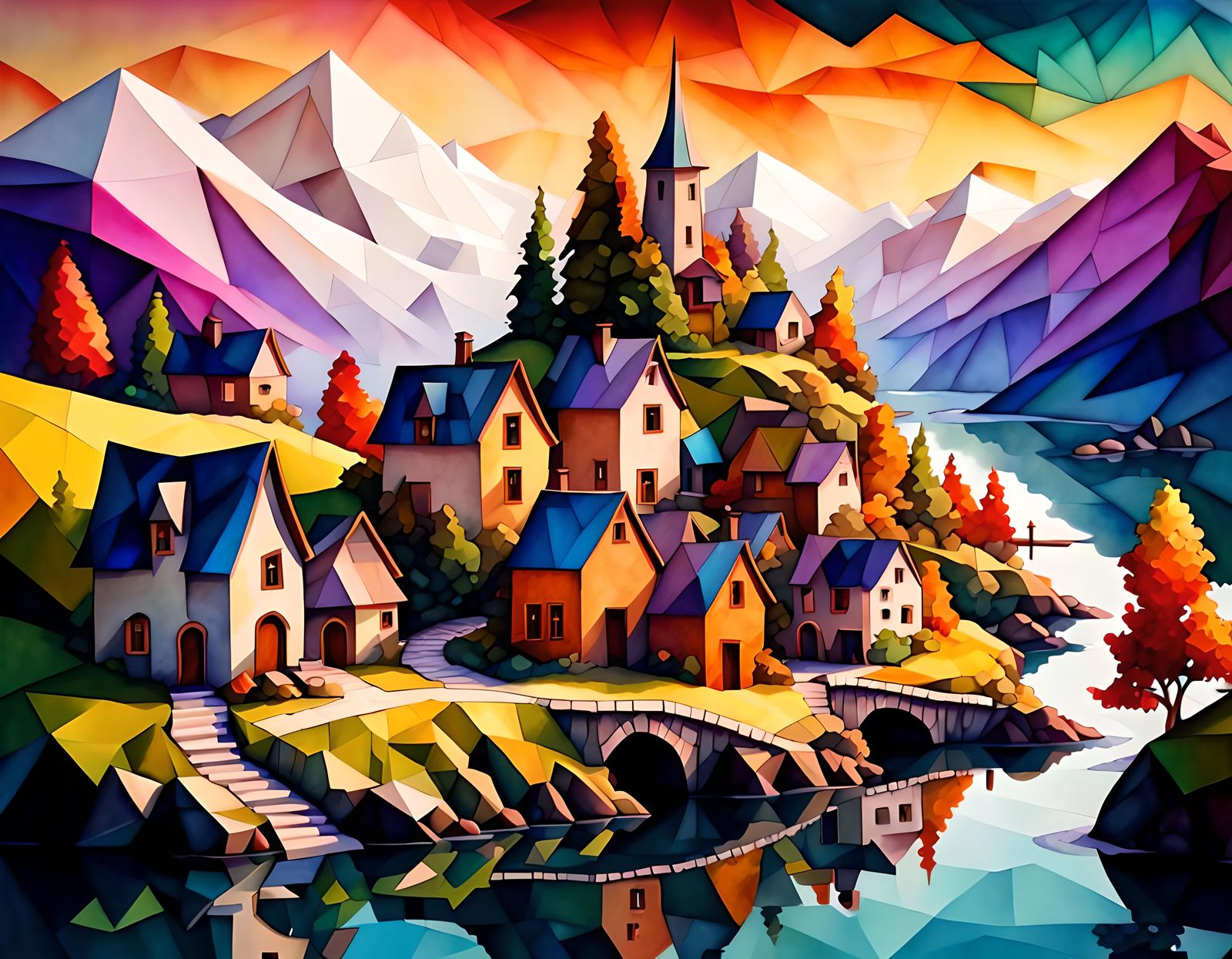 A beautiful low poly fantastical small town  scene, ultradet...
