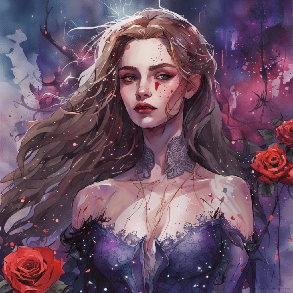 Feyre Archeron Watercolor Portrait with Gothic Elements