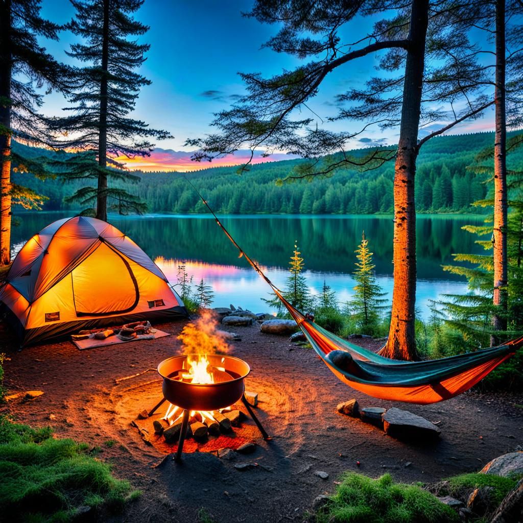 The ultimate campsite, featuring a cozy tent set up in a ser...