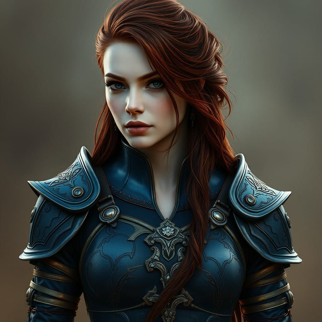 Regal Woman in Medieval Armoured Dress with Dark Red Hair an...