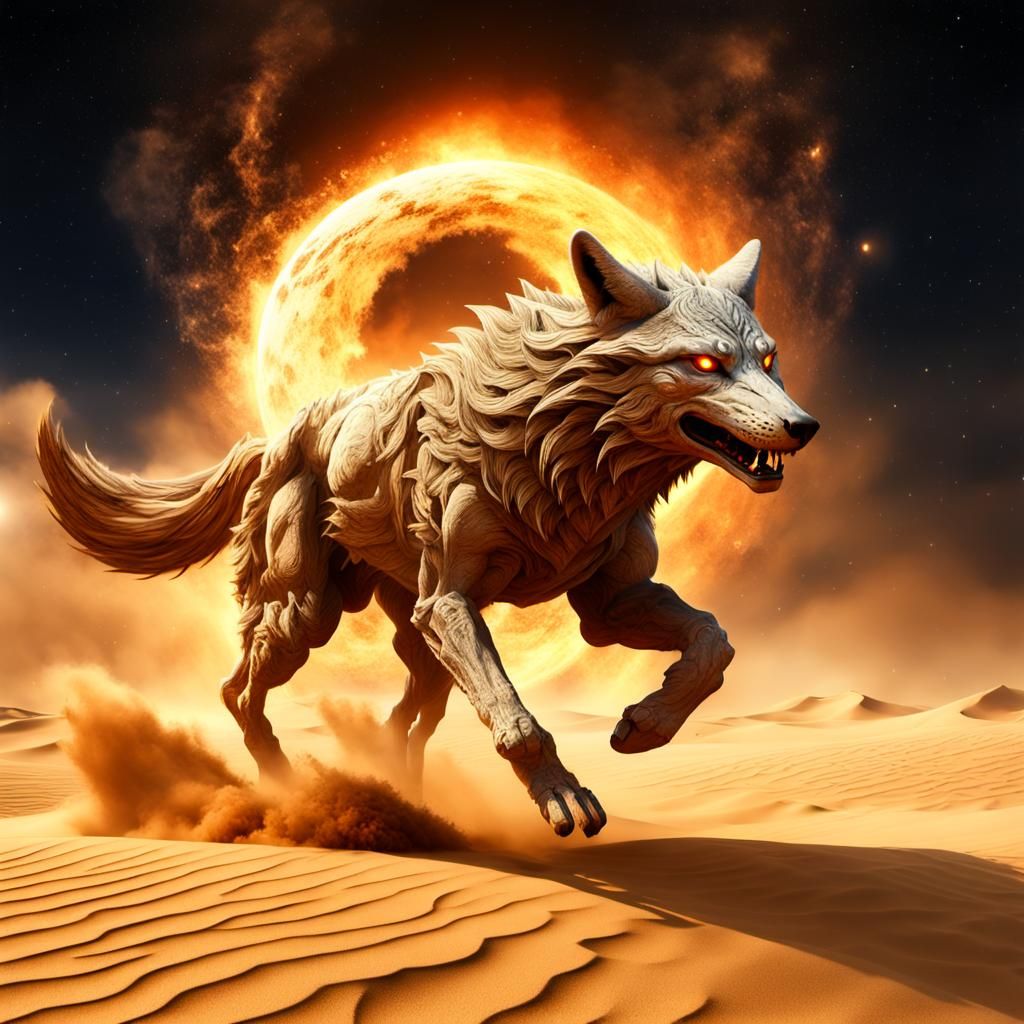 A huge sand wolf with fire