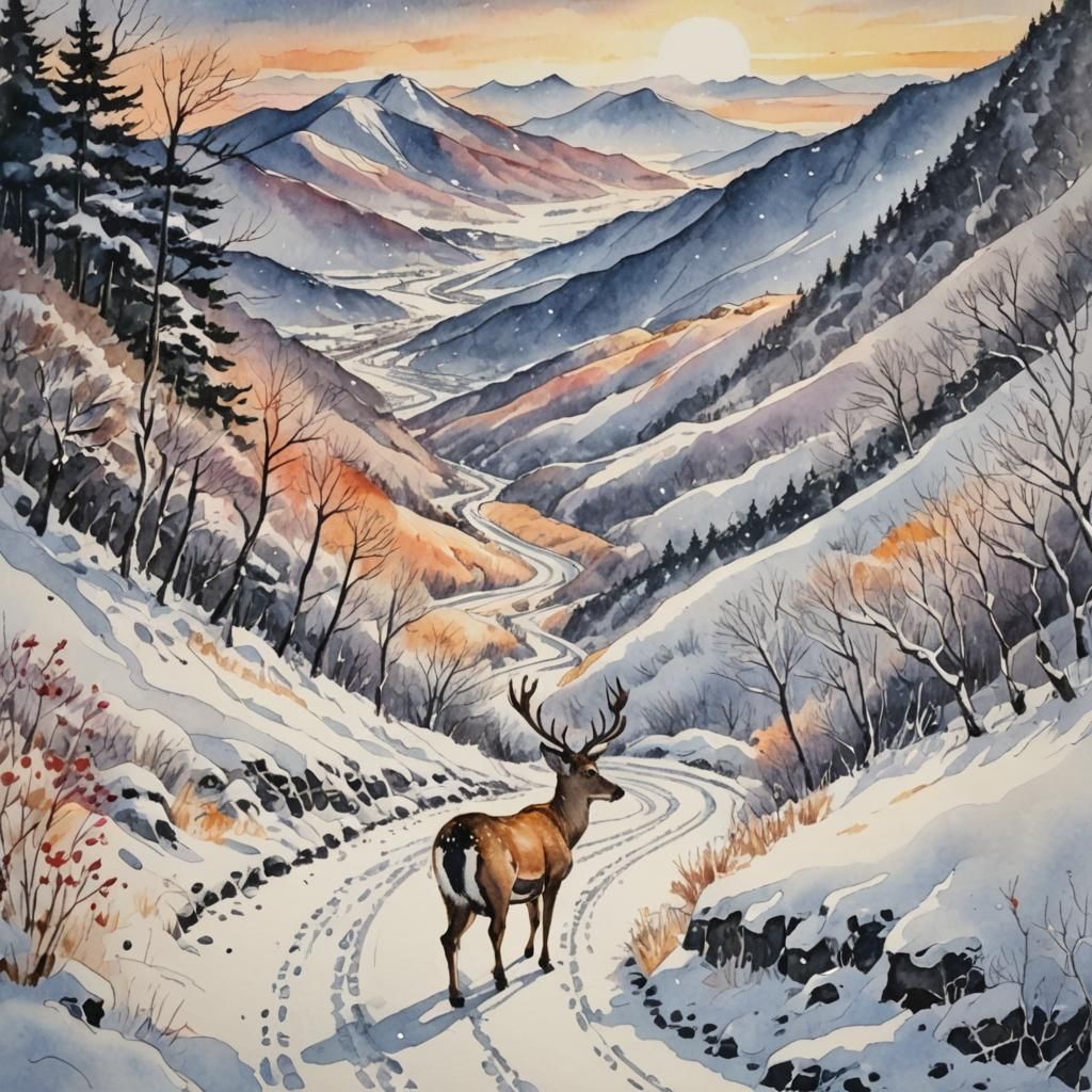 Enchanting Snowy Landscape with Deer, Watercolor and Ink