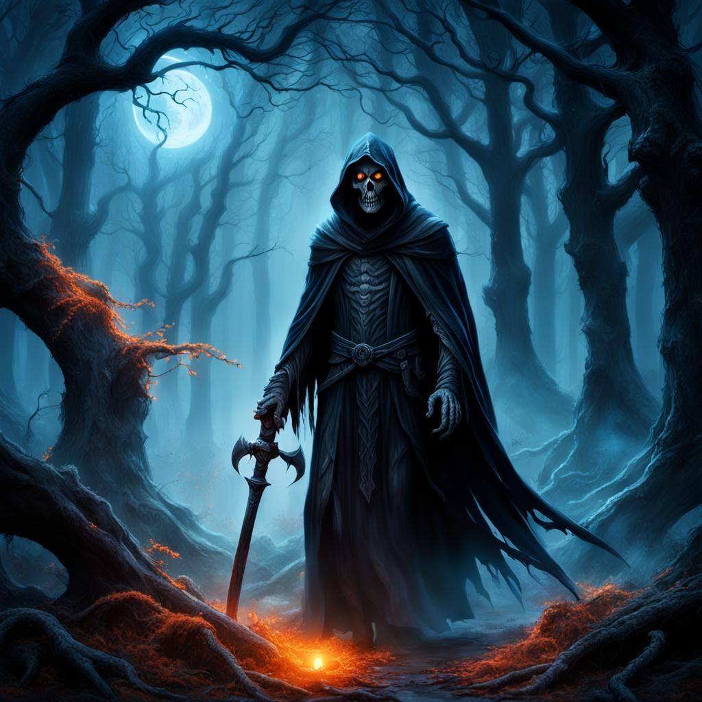Grim Reaper in Mystical Forest: Fantasy Concept Art