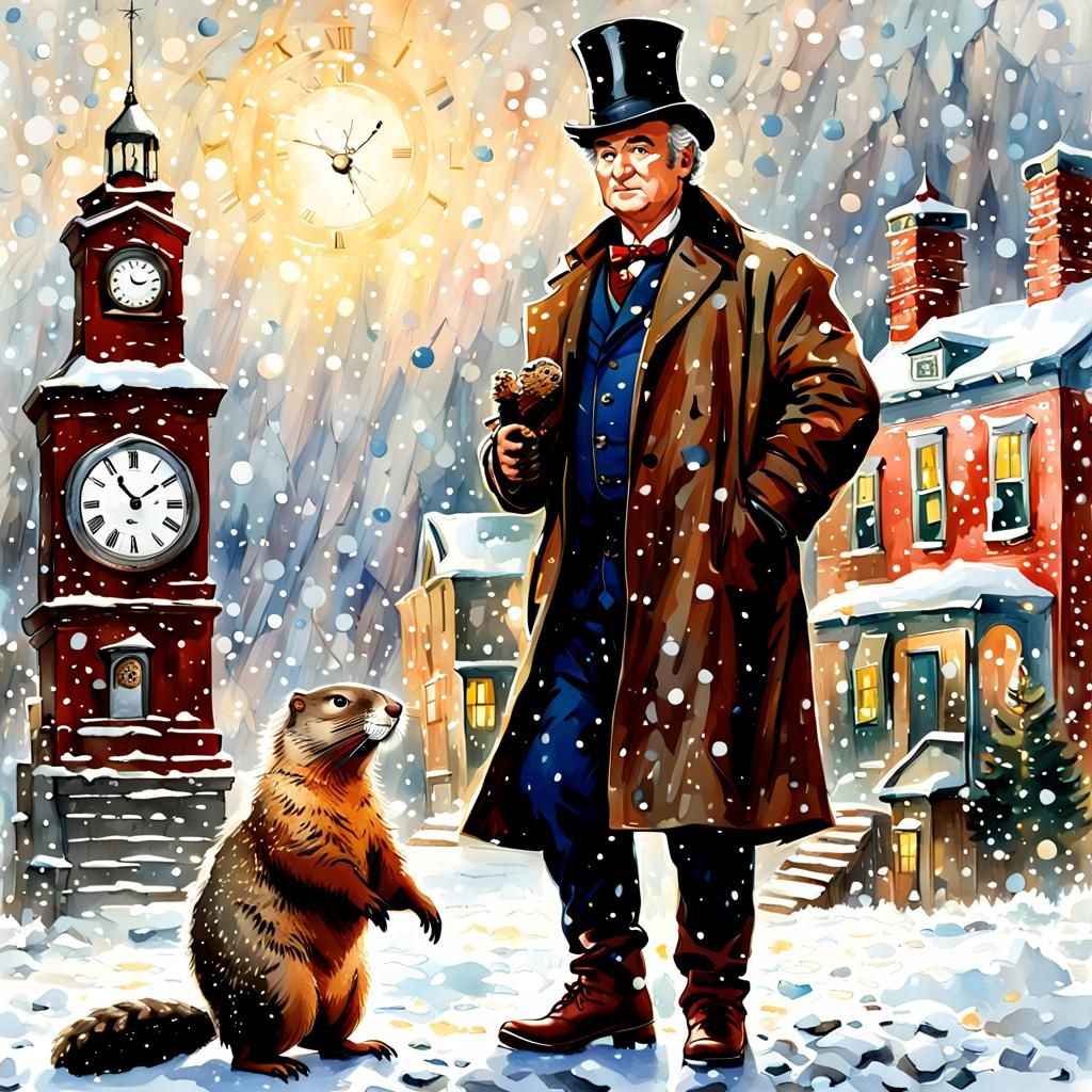 Man with Groundhog on Clock Tower, Watercolor
