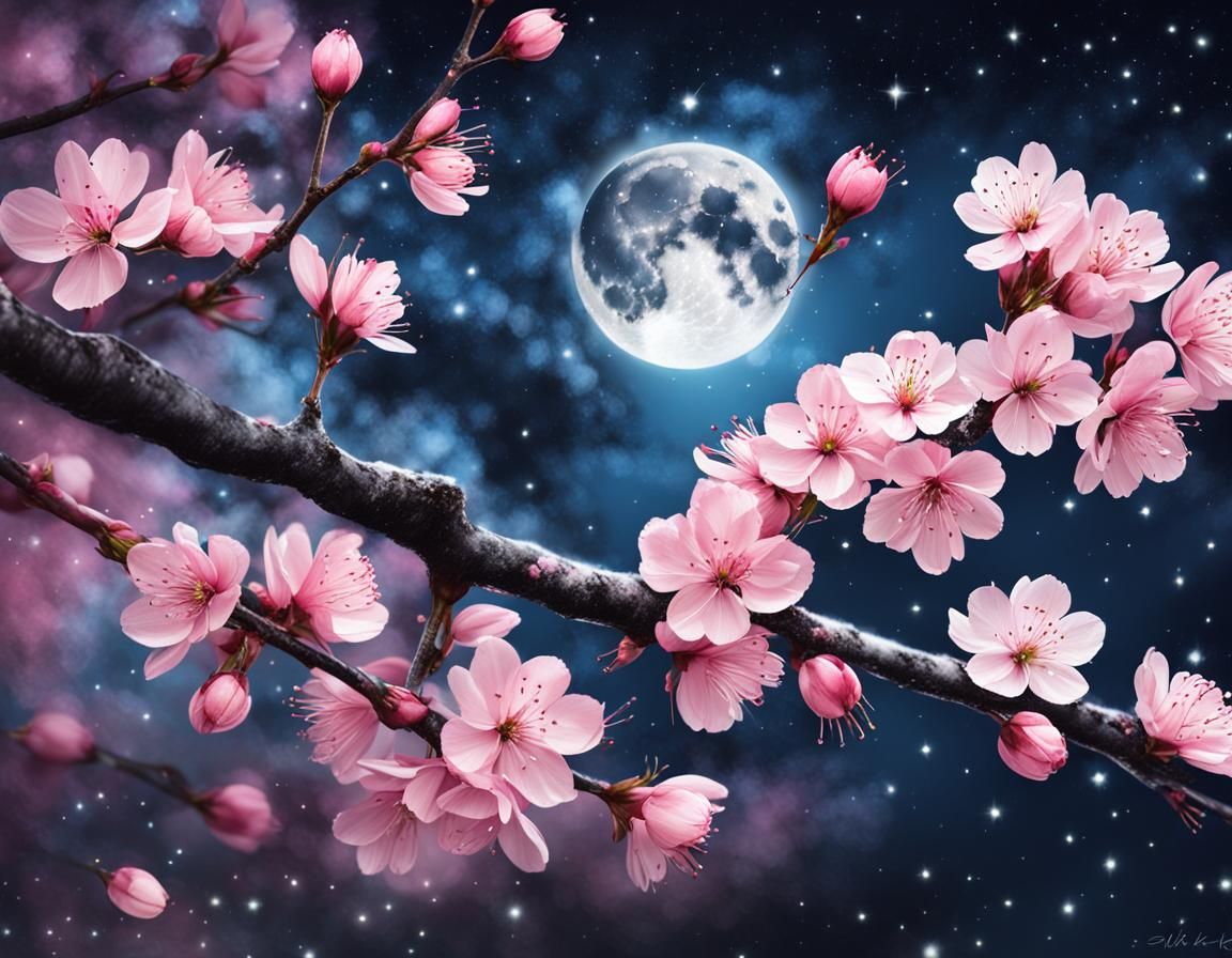 Pink Sakura Flowers Under the Night Sky