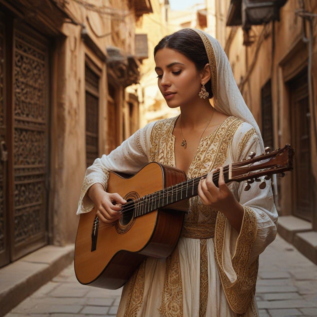 Arabic Lady Plays Oud in Old Alley: Digital Art