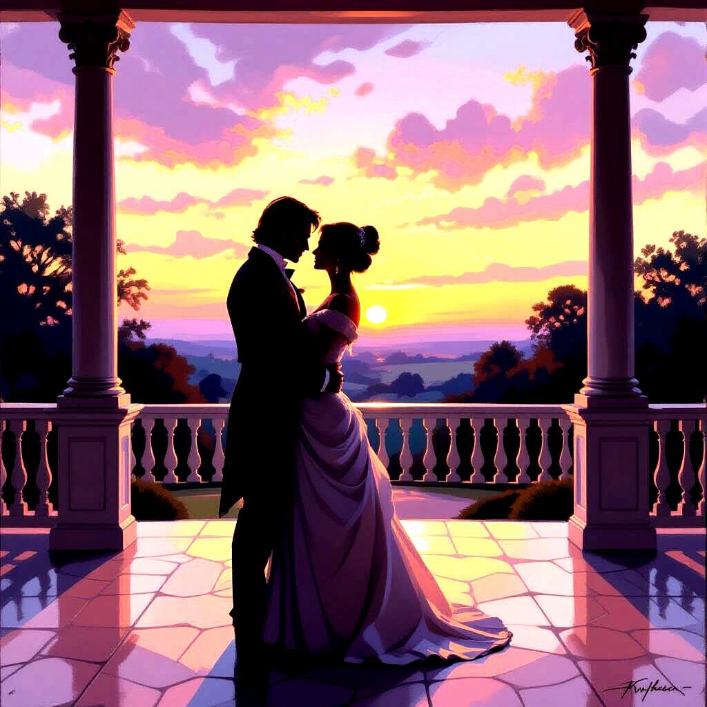 Romantic Sunset Embrace on Veranda in Impressionistic Style